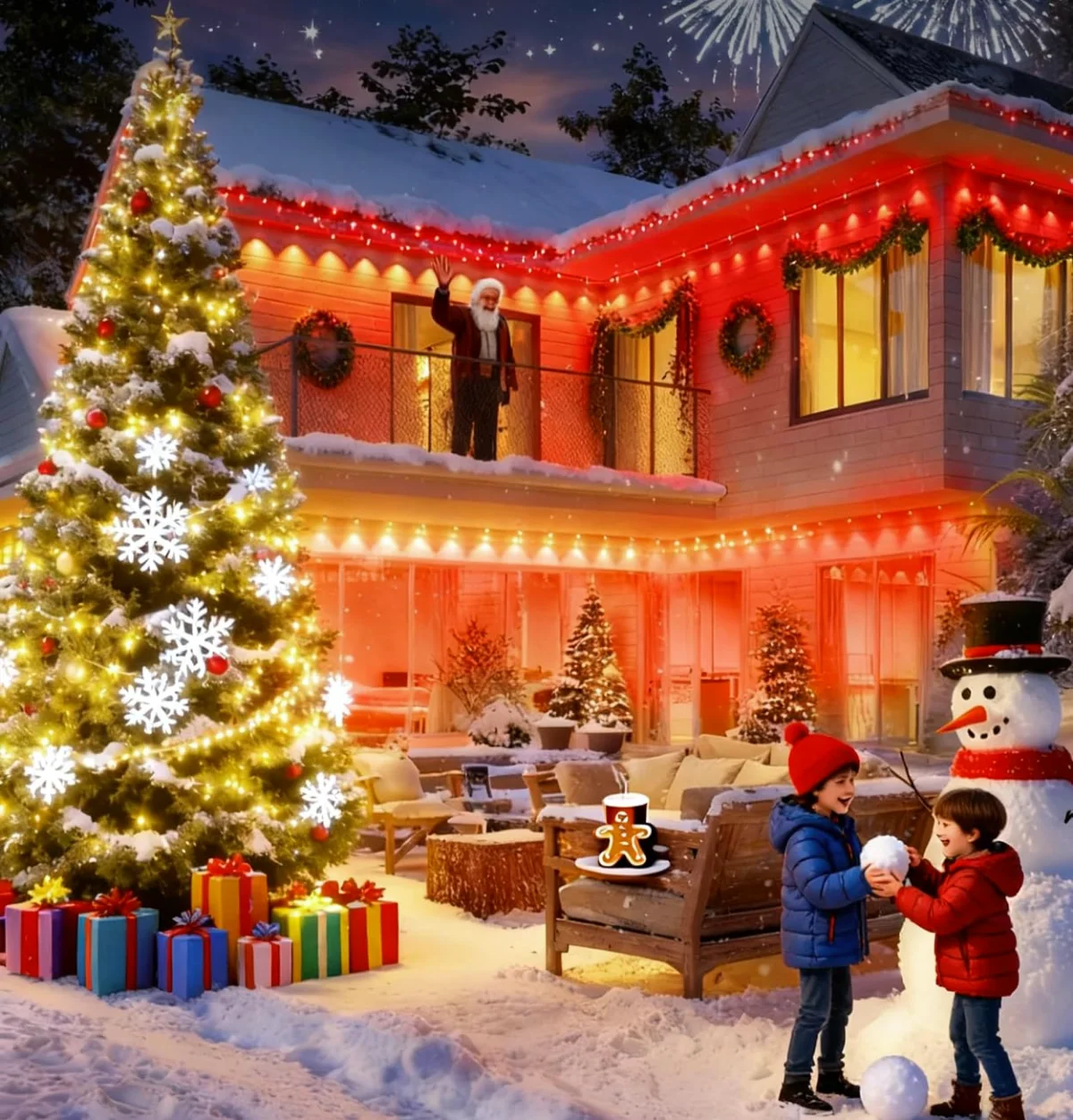 A house with Nexillumi eave lights at Christmas